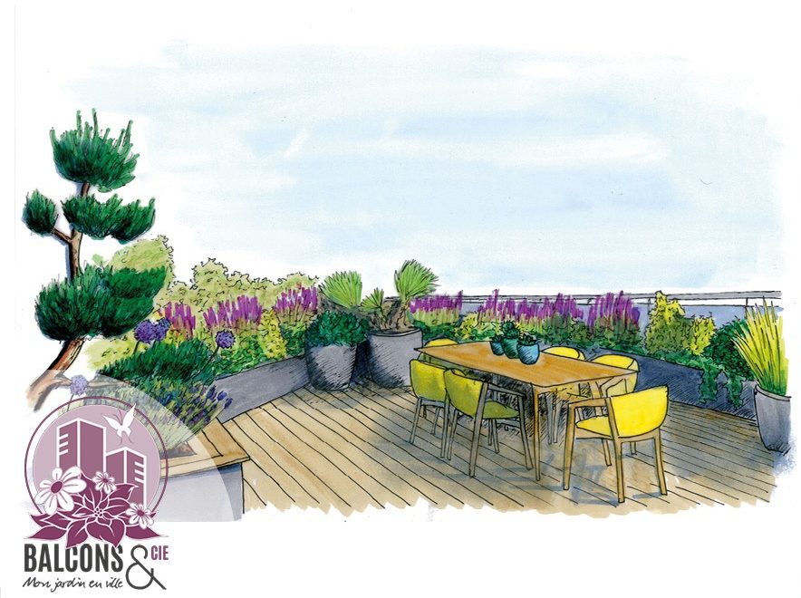 conception aménagement 3D dessin balcon fleuri attique plantation végétalisation décoration architecte paysagiste genève